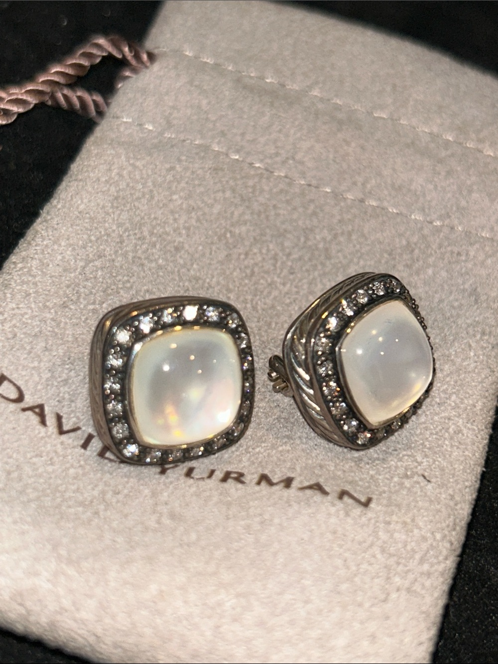 David Yurman Moonstone Cushion Halo Stud Earrings in Silver and White